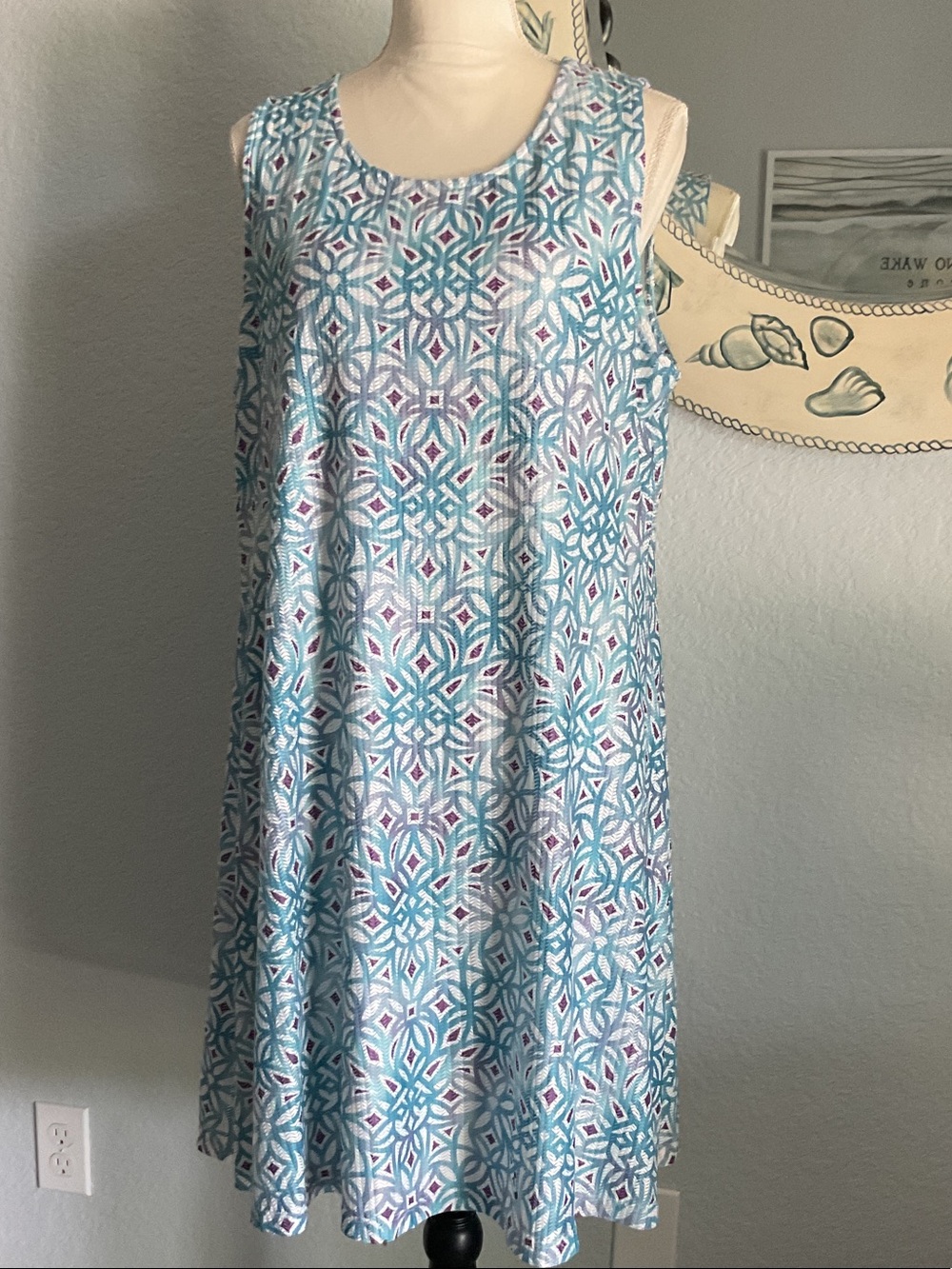 Chico's Sleeveless Blue & White Geometric A-Line Dress